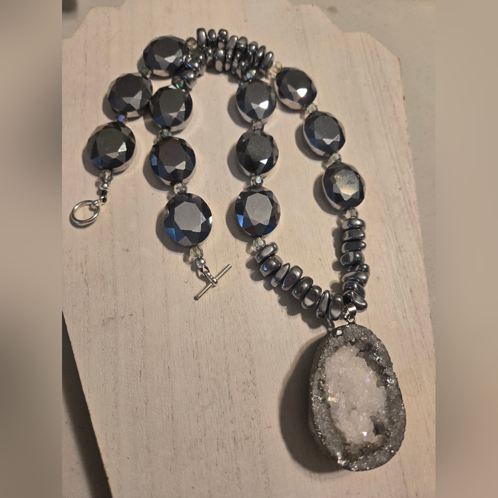 Gun metal faceted crystal necklace, hematite stones & geode druzy quartz pendent